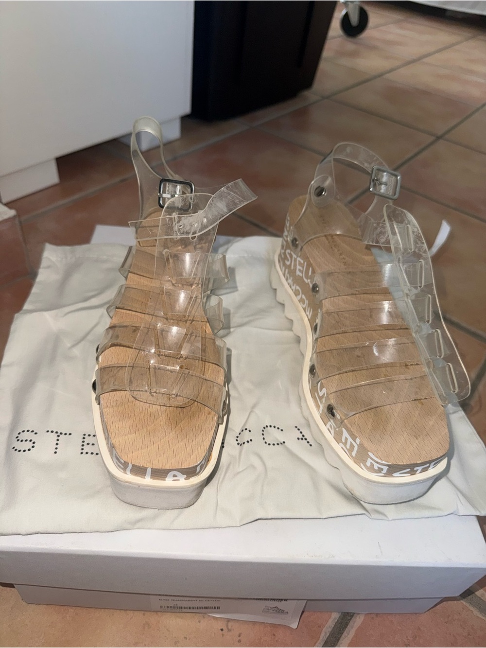 Stella McCartney Clear Platform Jelly Sandals with Wood-Effect Footbed